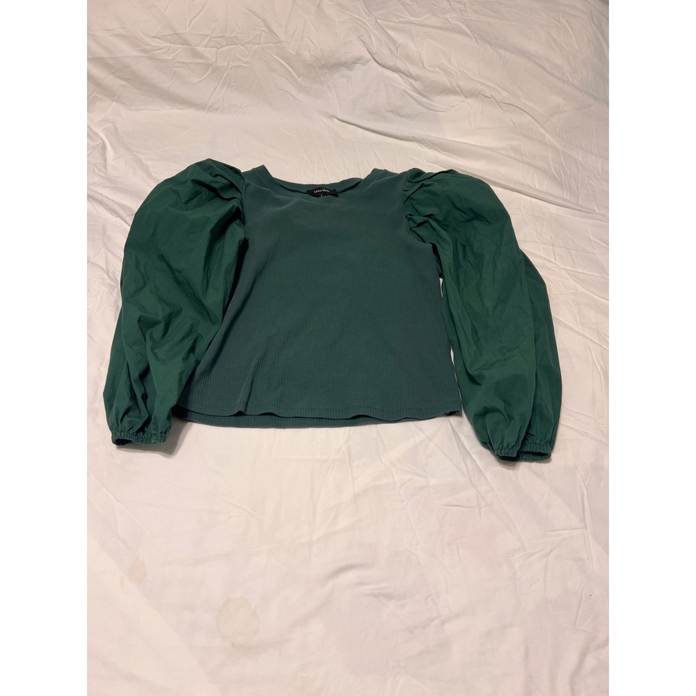 Lush Dark Green Ribbed Knit Top with Poplin Puff Balloon Sleeves Size Small